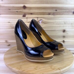 Bamboo Heels Womens 9 Black Faux Leather Randy 01 Peep Toe Wedge Platform Heels